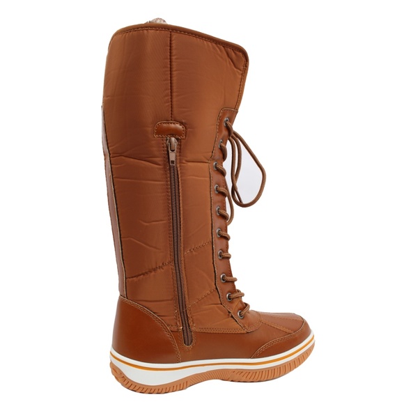 Tan Nylon Lace Up Faux Fur Cuff Winter Snow Boot - Picture 4 of 8